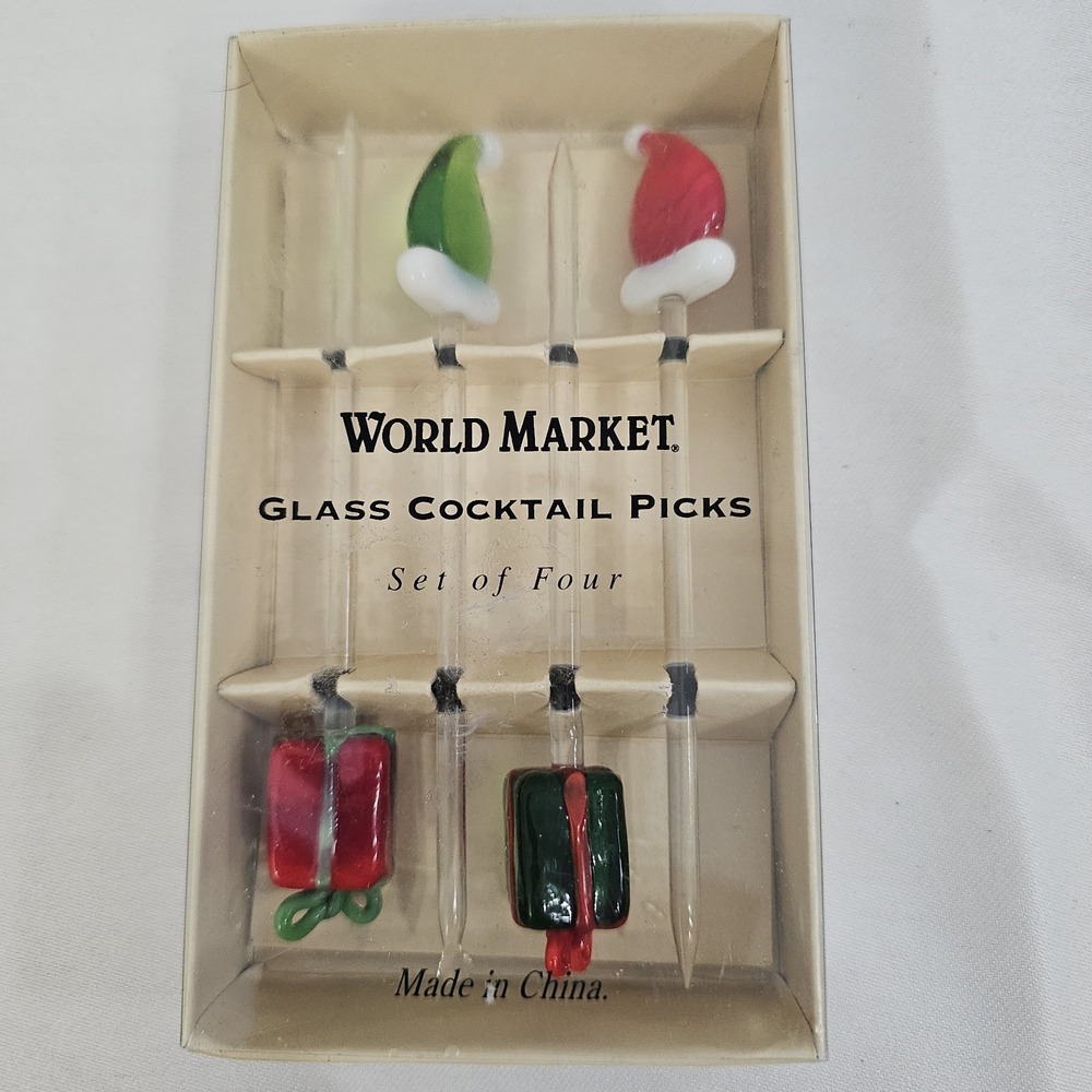World Market Glass Cocktail Picks Set of 4 Christmas Santa Hat & Gift Present